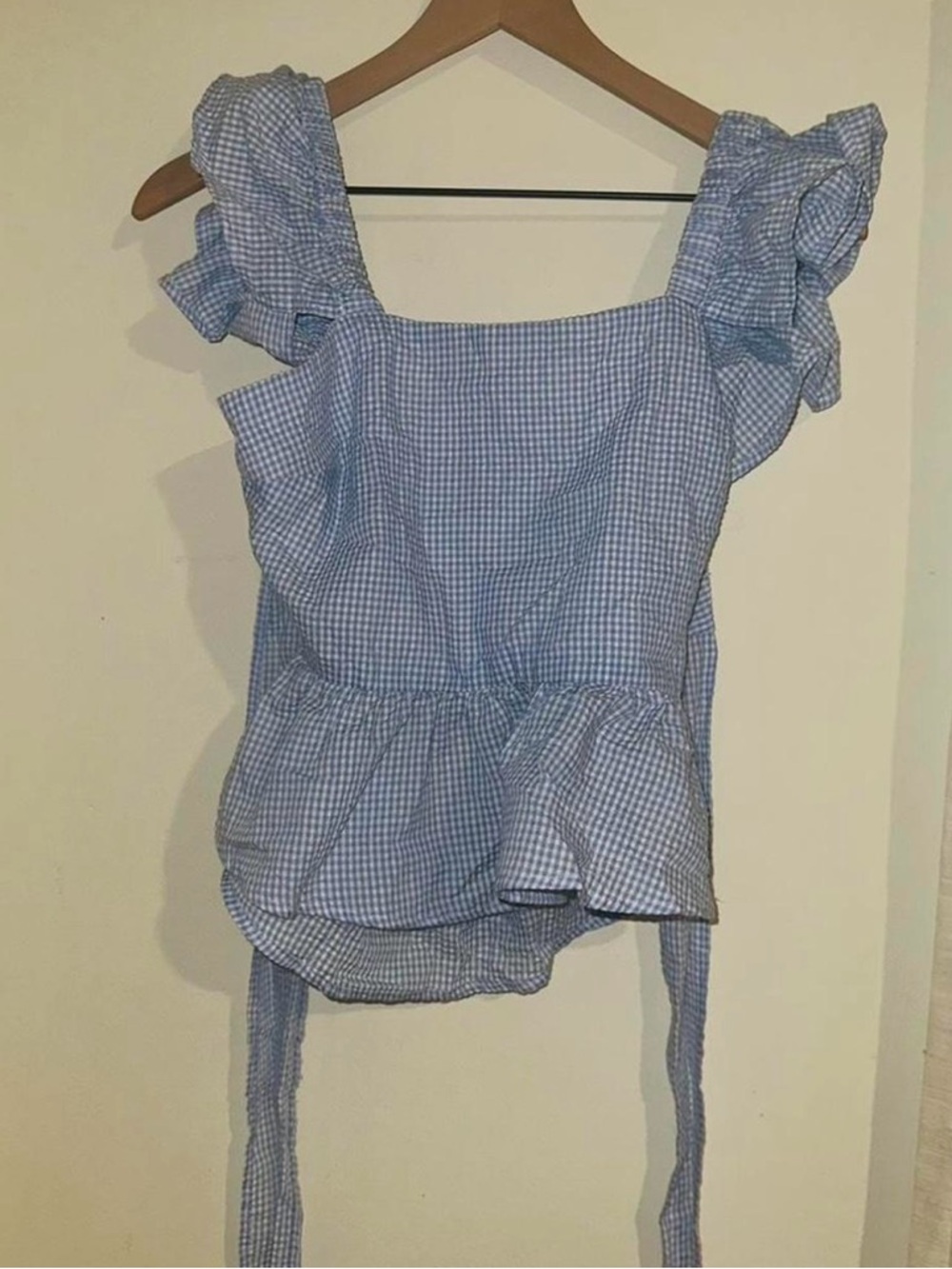 Light Blue Gingham Ruffle Sleeve Peplum Top